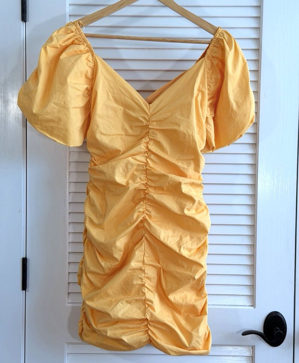HYFVE Women’s Small Yellow Puff Sleeve Ruched Mini Dress 100% Cotton Bodycon